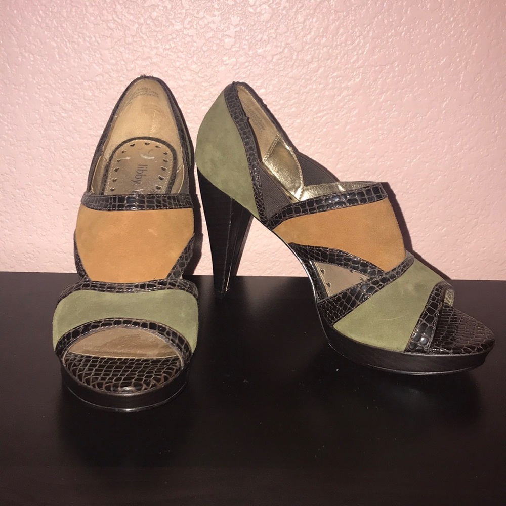 Green brown and orange heeled sandals